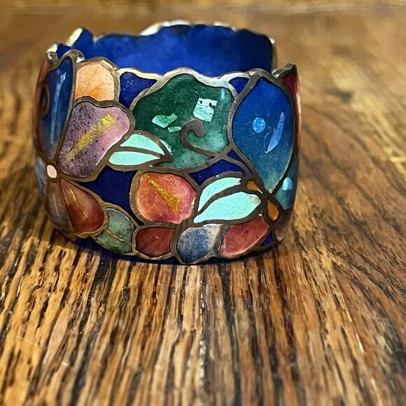 Vintage Signed David Kuo Champleve Enamel Cuff Bracelet Cloisonné Butterfly - Picture 7 of 16